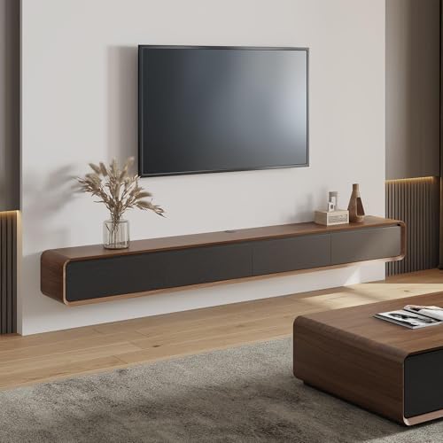 POVISON Fully-Assembled Minimalist Floating TV Stand, Modern Wall-Mounted Entertainment Center with 4 Flip-Down Cabinet Doors, Solid Wood Media Console, Walnut Veneer, 94" - color: Walnut & Black, size: 94.49"