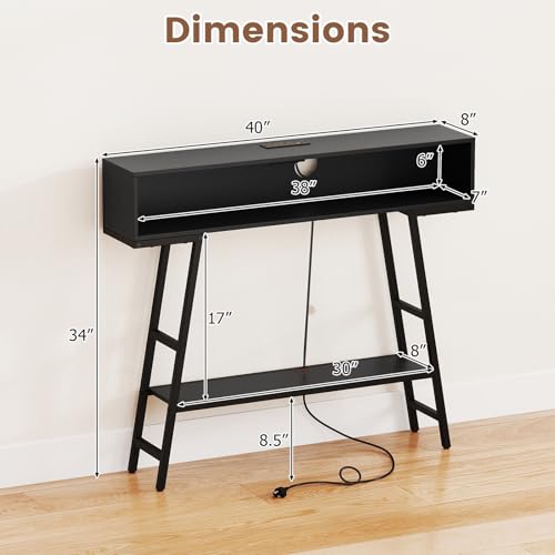 GIANTEX Modern Console Table with Charging Station & LED Lights | 40" Entryway Table with Storage Shelves, 3-Tier Display Shelf for Small Space, Sofa Table for Living Room, Black - color: Black