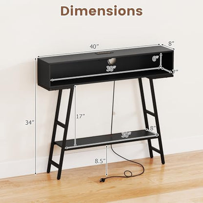 GIANTEX Modern Console Table with Charging Station & LED Lights | 40" Entryway Table with Storage Shelves, 3-Tier Display Shelf for Small Space, Sofa Table for Living Room, Black - color: Black