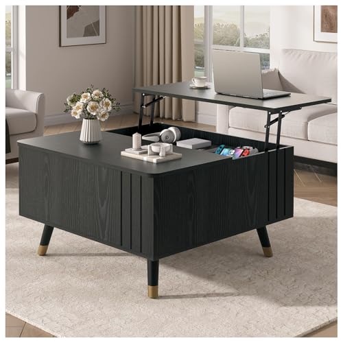 JOINICE Square Lift Top Coffee Table with Storage for Living Room,Black | 32" Multi-functional Pop Up Center Table,Large Hidden Compartments with Solid Wood Legs,Lift to 23",Hold 100lbs,Easy Assembly - color: Black_square