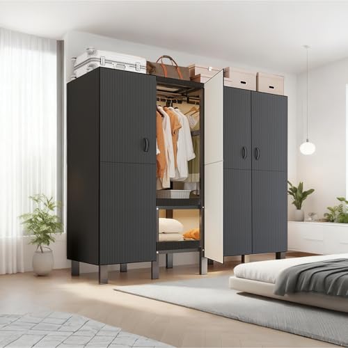 FPIGSHS 59in Heavy Duty Clothes Rack with Black Magnetic Door 1300LBS Foldable Portable Wardrobe Closet for Hanging Clothing metal Garment Rack Closet System for Bedroom,Apartments,rentals (A, 59in) - color: A, size: 59in