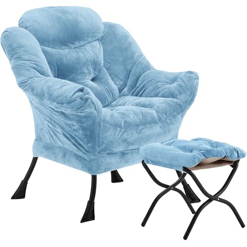 Youtanic Lazy Chair with Folding Ottoman, Accent Chair Plush Upholstered with Metal Structure and Non-Slip Pads, Sofa Armchair with Footrest and Side Storage Bag for Dorm, Room, Office, Blue - color: Plush Blue