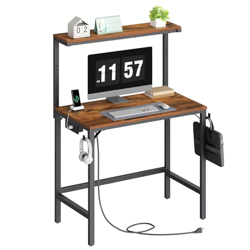 HOOBRO Small Computer Desk, 28.3" Desk for Small Spaces, Office Desk with Power Outlet & Adjustable Monitor Stand, Compact Desk with Storage, Writing Table for Bedroom, Office, Rustic Brown BF38UDN01 - color: Rustic Brown + Black