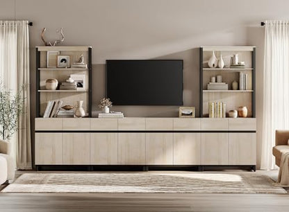 WAMPAT Modern Wall Unit TV Stand with 3 Tiers Bookshelf, Farmhouse Entertainment Center with 4 Storage Cabinets and Adjustable Shelf, Media Console with Black Metal Leg for Living Room, Beige - color: Beige-a
