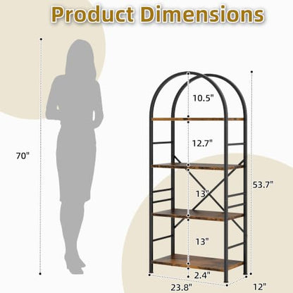 Vongrasig Industrial Arched Bookshelf, 4 Tier Open Bookcase | Sturdy Wood and Metal Display Standing Shelf for Home Office, Living Room, Bedroom, Rustic Brown - color: Rustic Brown