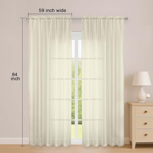 Sheer Curtains 84 Inches Long 2 Panels Set, Sheer Cream Curtains for Living Room Bedroom 59 Inch Extra Wide, Modern Voile Filmy Rod Pocket Drapes, 2 Pcs, Each 59 W x 84L, Cream - color: Cream, size: 59"W x 84"L (Pack of 2)