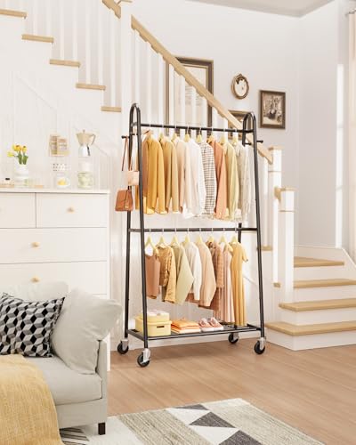 Sakugi Clothes Rack 36.5" x16.9" x72.8" Black Double Rod Mesh Shelf | Heavy Duty,Bedroom, Closet, Triangular Design, Freestanding, Metal Construction - color: Black