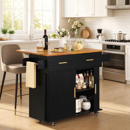 DHH Rolling Kitchen Island with Drop Leaf Countertop&Ample Storage - 39.4" Small Mobile Kitchen Cart On Wheels with Sliding Door,Drawers,Spice Rack & 2-Tier Storage(Black) - color: Black