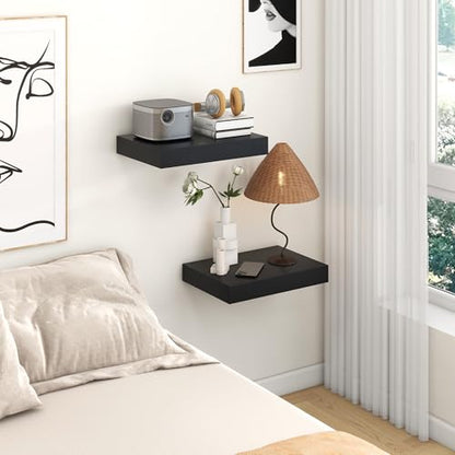 12 Inch Deep Floating Shelves, 16 Inch Black Wall Shelves Set of 2 | Invisible Brackets, Engineered Wood, Mounting Hardware Included, 35LBS, Bathroom, Laundry Room, Kitchen, Living Room - color: Black, size: 16W x 11.6D x 2H, 2 Pack