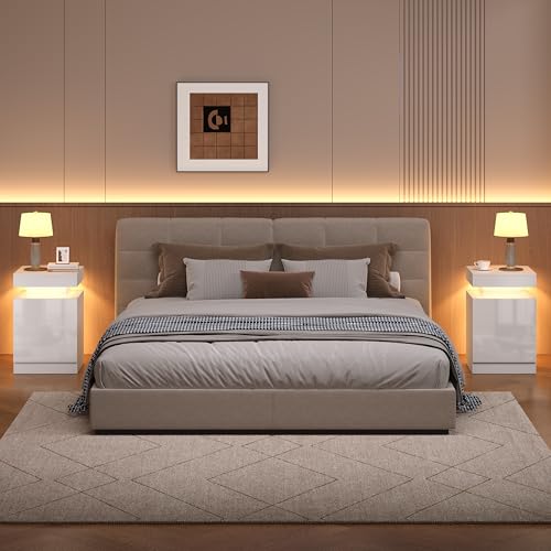 Nightstands Set 2, 15 Inches LED Night Stand Set of 2, Modern Bedside Table with LED Lights, High Gloss Surface, End Table with Storage for Bedroom, White - color: White-15"