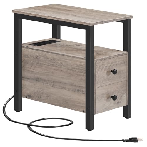 HOOBRO End Table with Charging Station, Narrow Side Table with 2 Drawers & USB Ports & Power Outlets, Nightstand for Small Spaces, Bedroom, Living Room, Stable and Sturdy, Greige and Black BG541BZ01 - color: Greige + Black