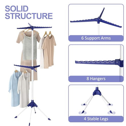 Clothes Drying Rack, 2-Tier 48 Hangers Foldable Blue | 2-Tier Design, 6 Rotatable Arms, 48 Hangers, 4-Leg Stable Base, Foldable, For Indoor Outdoor, RV Travel & Beach Use - color: Blue