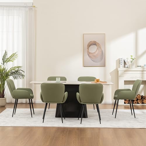 VKNOW Modern Faux Leather Dining Chairs Set of 6 with Armrest, Green | Armed Dining Room Chairs with Metal Legs, Kitchen Chairs for Restaurant Kitchen Living Room - color: Green-leather, size: Set of 6