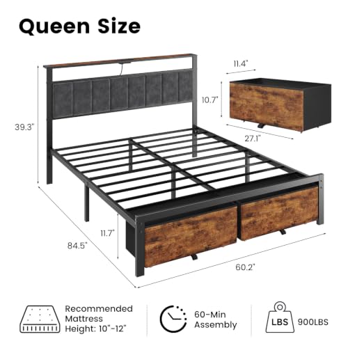 Queen Size Bed Frame with Upholstered Headboard and 2 Storage Drawers | Metal Platform Bed, LED Lights, USB Charging Station, Noise Free, No Box Spring Needed, Easy Assembly - size: Queen