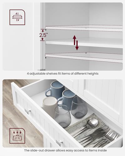 VASAGLE Pantry Cabinet, Freestanding Tall Cupboard with a Drawer | Freestanding cupboard with 2 cabinets, 4 adjustable shelves, 6 door shelves, White, UBBC561P31V2 - color: White, style: Modern