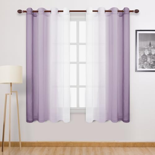 DWCN Lavender Faux Linen Ombre Sheer Curtains - 63 inches Long Gradient Semi Voile Curtains for Bedroom and Living Room, Set of 2 Grommet Top Window Curtain Panels, W52 x L63 Inches, Lavender - color: Lavender, size: 52"W x 63"L (Pack of 2)