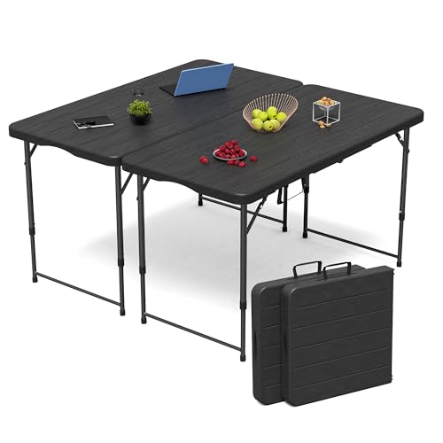 VSOAEIL 4 FT Folding Table 2 Pack Plastic Foldable Table Adjustable Height | 4 Feet Portable Heavy Duty Utility Folding Table with Handle for Picnic Party Dining Camping Indoor Outdoor,Black - 4 Foot - color: Black, size: 4 FT - 2 PACK