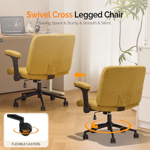 VINGLI Criss Cross Chair with Adjustable Flip-Up Arms,Cross Legged Chair with Wheels,Extra Wide Office Chair,Desk Chair for Home Office,Vanity,Bedroom, Apartment,Starry Chenille,Pale Yellow - color: Pale Yellow