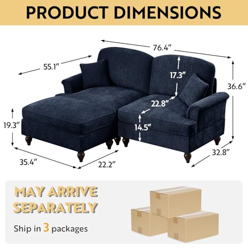 Modular Loveseat Sofa Couch, 2 Seat Comfy Chenille Sofa with Removable Ruffled Skirt, Flared Armrests, Sturdy Legs, Convertible Sectional for Living Room, Bedroom, Apartment (Blue) - color: Blue, size: 76.4 Inch L