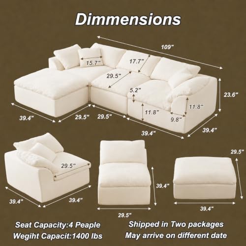 Oversized Cloud Couch Sectional Sofa for Living Room, Modular L Shaped Boneless Chenille Sofa with Chaise Lounge, Deep Seat Convertible Couch, Compressed No Assembly Floor Sofa (White)