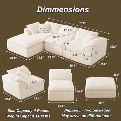 Oversized Cloud Couch Sectional Sofa for Living Room, Modular L Shaped Boneless Chenille Sofa with Chaise Lounge, Deep Seat Convertible Couch, Compressed No Assembly Floor Sofa (White)
