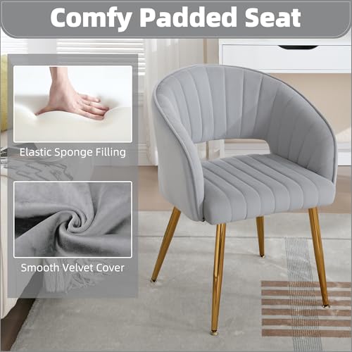 Velvet Home Office Desk Vanity Chair, No Wheels, Gold Legs, Grey | Modern Accent Chair with Stylish Stripe Design, Spacious‌ Soft Seat for Girls & Women Bedroom Makeup or Nail Table - color: Grey Velvet, No Wheels