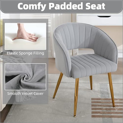 Velvet Home Office Desk Vanity Chair, No Wheels, Gold Legs, Grey | Modern Accent Chair with Stylish Stripe Design, Spacious‌ Soft Seat for Girls & Women Bedroom Makeup or Nail Table - color: Grey Velvet, No Wheels
