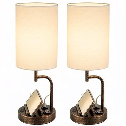 Dreamholder 2 Pack Table Lamp, Bedside Lamp with 3 USB Charging Ports & AC Outlet, USB Desk Lamp with 2 Phone Holders, Linen Fabric Shade Nightstand Lamps for Bedroom Living Room Office, Antique Brass - color: Antique Brass