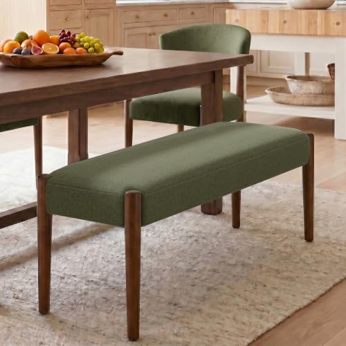 Usaint 42" End of Bed Bench with Wood Legs, Dark Green with Walnut Leg | Modern Upholstered Bedroom Bench with Rubberwood Legs, Entryway Bench with Cushion, Dining Bench for Living Room, Bedroom - color: Dark Green With Walnut Leg