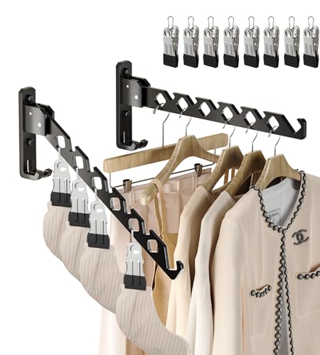 Wall Mount Coat Hanger Holder Black Clothes Drying Organizer Rack Garment Hooks Aluminium Retractable Folding Indoor Wall Mounted Hanger Space Saver for Laundry Room Bedroom Black 2 Pack with 8 Hooks - color: Black 2racks with Hooks