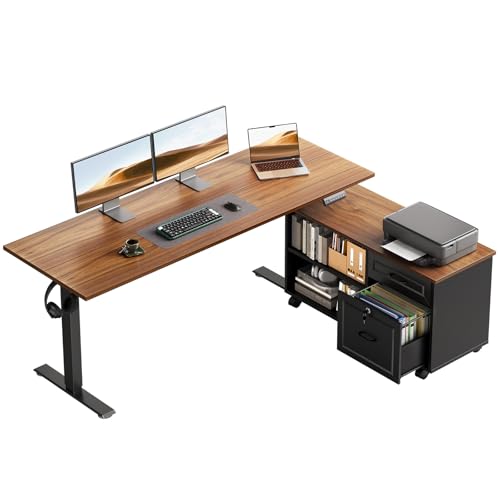 55" L Shaped Electric Standing Desk with Cabinet Sets, Walnut/Black | Mobile Drawers & File Cabinet Sets for Flexible Layout, Height Adjustable Executive Stand Up Desk for Home Office Workstation - color: Walnut+black, size: 55 Inch
