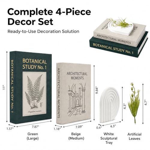 Linen Decorative Books Set of 2, Faux Book Decor for Coffee Table | Neutral Decor Book Box，Sculpture Tray & Faux Leaves, Hidden Storage for Console, Entryway & Bookshelf - color: Forest Green-Beige