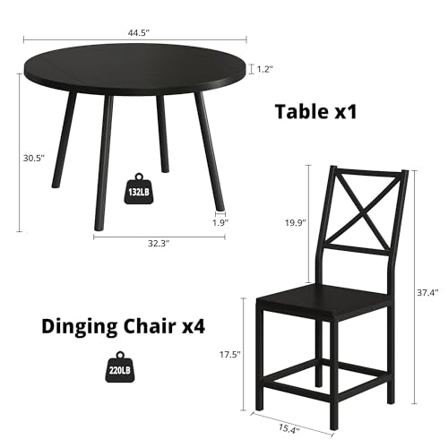 IRONCK Dining Table Set for 4, Round Kitchen Table and 4 Stool Chair for Dining Room, 44.5inch Drop Leaf Desk, Small Space Saving, Black