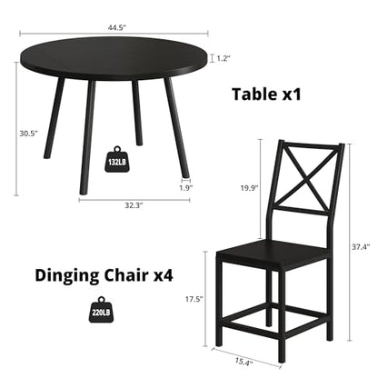 IRONCK Dining Table Set for 4, Round Kitchen Table and 4 Stool Chair for Dining Room, 44.5inch Drop Leaf Desk, Small Space Saving, Black