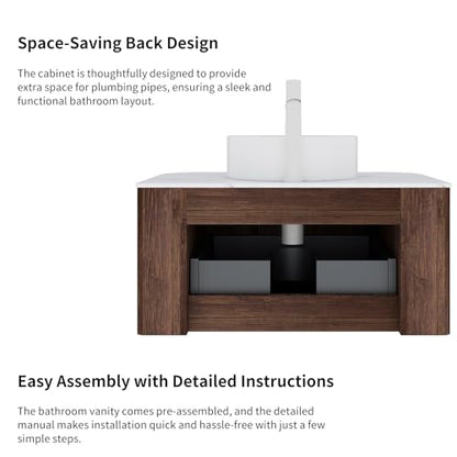 24” Floating Bathroom Vanity with Sink, Fluted Wall-Mounted Solid Wood Cabinet, White Marble-Pattern Ceramic Basin, Faux Marble Top, Soft-Close Drawer, Pre-Assembled, Walnut Woodgrain - color: 03 - Walnut Woodgrain, size: 24"