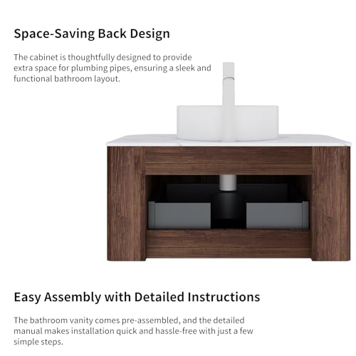 36” Floating Bathroom Vanity with Sink, Fluted Wall-Mounted Solid Wood Cabinet, White Marble-Pattern Ceramic Basin, Faux Marble Top, Soft-Close Drawer, Pre-Assembled, Walnut Woodgrain - color: 03 - Walnut Woodgrain, size: 36"
