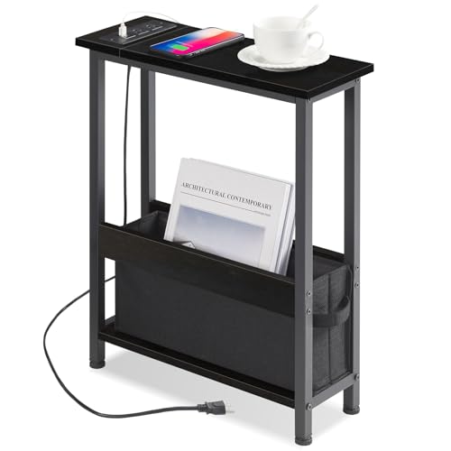 BAMGROW Slim Charging End Table with Storage - for Small Spaces and Bedroom (Black) - color: Black