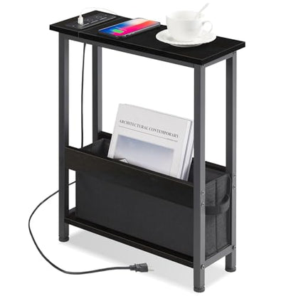 BAMGROW Slim Charging End Table with Storage - for Small Spaces and Bedroom (Black) - color: Black