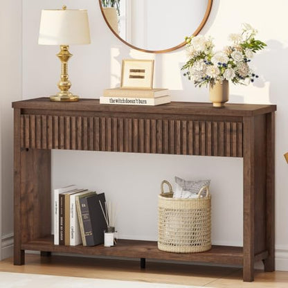 Console Tables for Entryway, Console Table with Drawers, 47In Sofa Table with Storage, Narrow Entryway Tables with 2-Tier Shelf, Farmhouse Fluted Couch Tables for Living Room, Rustic Oak - color: Rustic Oak