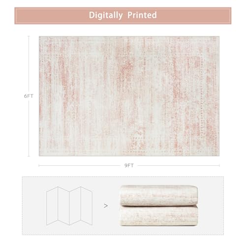 Pink Washable Rugs 6x9 Area Rugs for Living Room,Bedroom,Nursery,Carpet | Non-Slip&Non-Shedding,Ultra Soft Faux Wool Nursery Rug for Baby Girl,Dorm Kids Playroom,Kids & Pet Friendly Vintage Carpets - color: Pink-white, size: 6' x 9' (Rectangular)