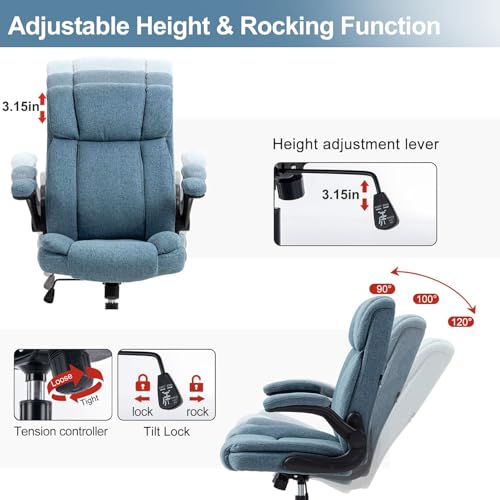 Fabric Office Chair High Back Executive Ergonomic Chair Flip Arms | Premium cloth fabric office chair with high back ergonomic support, flip-up arms, adjustable height, 90°-120° tilt function - color: Blue