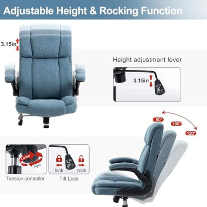 Fabric Office Chair High Back Executive Ergonomic Chair Flip Arms | Premium cloth fabric office chair with high back ergonomic support, flip-up arms, adjustable height, 90°-120° tilt function - color: Blue