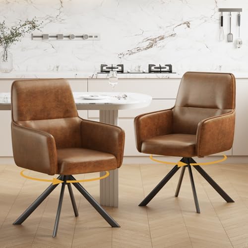 Modern Swivel Dining Chairs Set of 2, Upholstered Dining Room Chairs with Thicken Cushion, 360°Swivel Dining Chairs with Metal Legs for Dining Room, Kitchen, Bedroom, PU, Brown - color: Brown, size: Set of 2