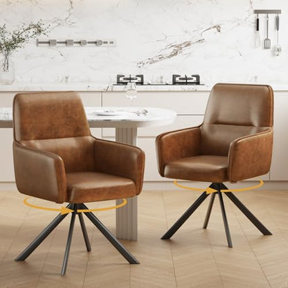 Modern Swivel Dining Chairs Set of 6, Upholstered Dining Room Chairs with Thicken Cushion, 360°Swivel Dining Chairs with Metal Legs for Dining Room, Kitchen, Bedroom, PU, Brown - color: Brown, size: Set of 6