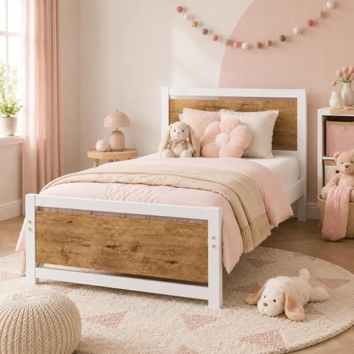 Twin Bed Frame with Headboard, Twin Metal Platform Bed Frame with Steel Slat Support, 10.5 in Under Bed Storage, No Box Spring Needed, Easy Assembly, White Brown - color: White&brown, size: Twin