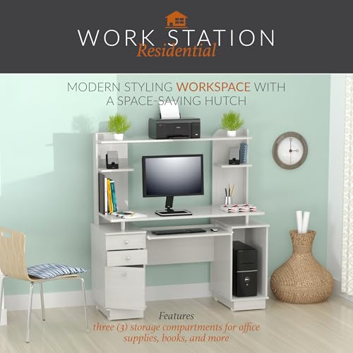 Inval America Computer Work Center with Hutch, Pull-Out Keyboard Tray, Drawers, Desk Workstation, 53.5"H x 48.62"W x 19.5"D, Washed Oak