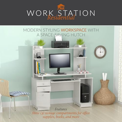 Inval America Computer Work Center with Hutch, Pull-Out Keyboard Tray, Drawers, Desk Workstation, 53.5"H x 48.62"W x 19.5"D, Washed Oak