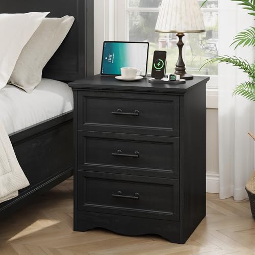 Nightstand with Charging Station, 19.7" Farmhouse End Table with 3 Drawers Storage, Wooden Bed Side Table with Unique Base Design, 3 Drawer Dresser for Bedroom, Living Room - color: Black, size: 15.7"D x 19.7"W x 23.6"H (3 Drawers)