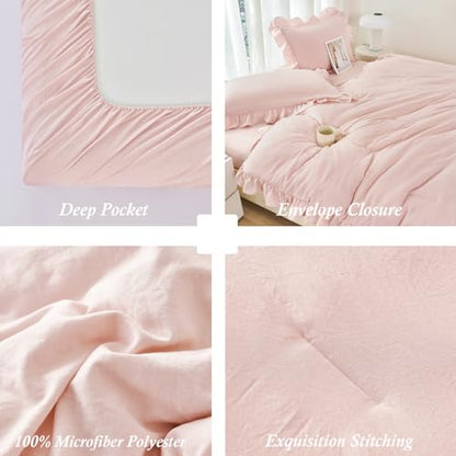 ANGIYUIN 5 Pieces Blush Pink Ruffled Comforter Sets Full Farmhouse Bed in A Bag with Layer Ruffle Soft Lightweight Bedding Sets with Sheet Sets, Pillowcases（Blush Pink Full） - color: Blush Pink, size: Full(5Pcs)