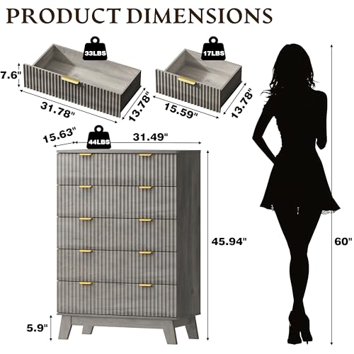 BORNOON 46" Tall Dresser for Bedroom, 6-Drawer Fluted Chest of Drawers, Modern Wood Highboy with Deep Storage, Metal Slides and Handles, Anti-Tip Kit, Vertical Clothes Organizer for Apartment, Nursery - color: Rustic Drift, size: Tall 6-Drawer
